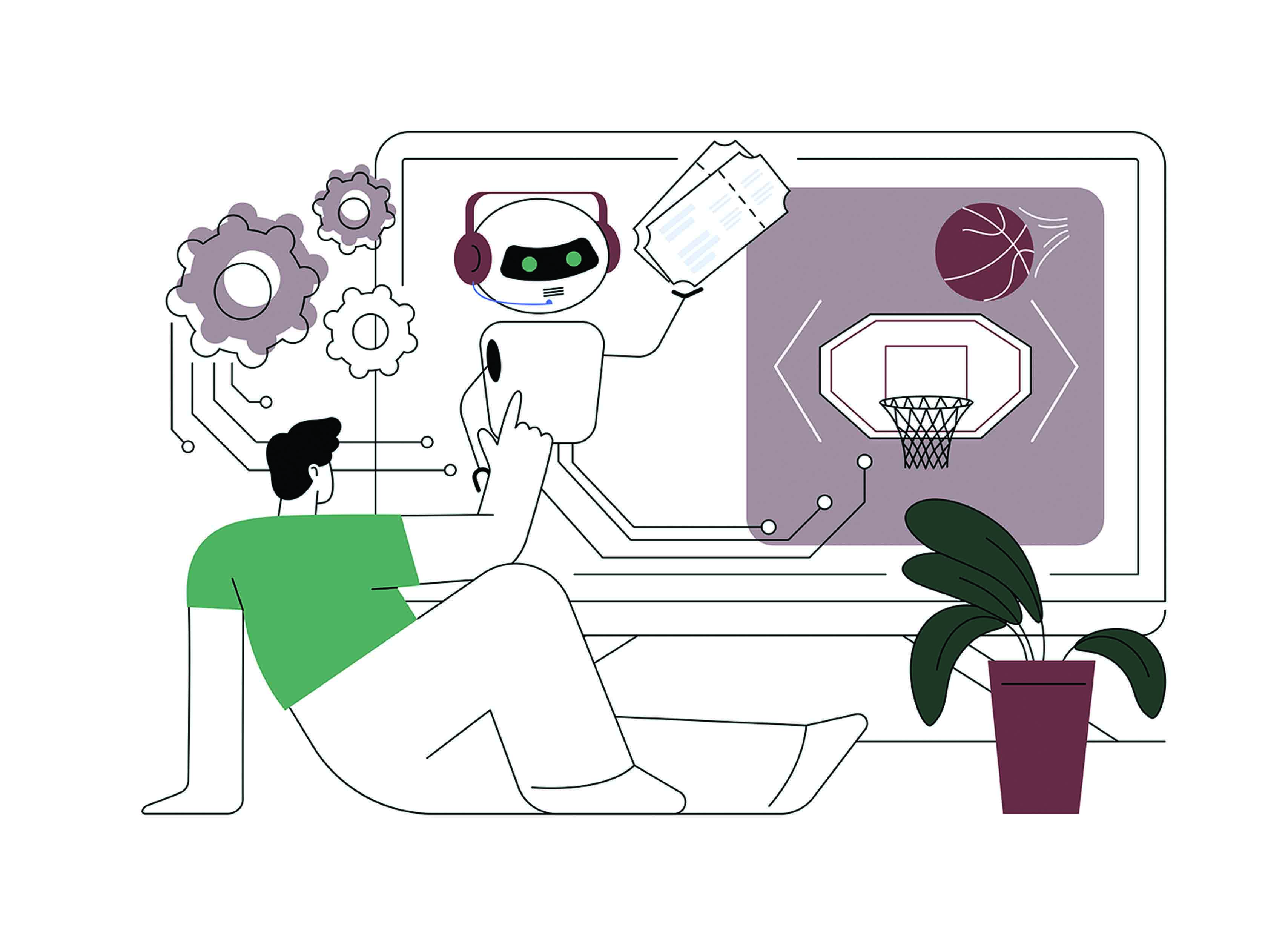 A man talks to a woman on a laptop