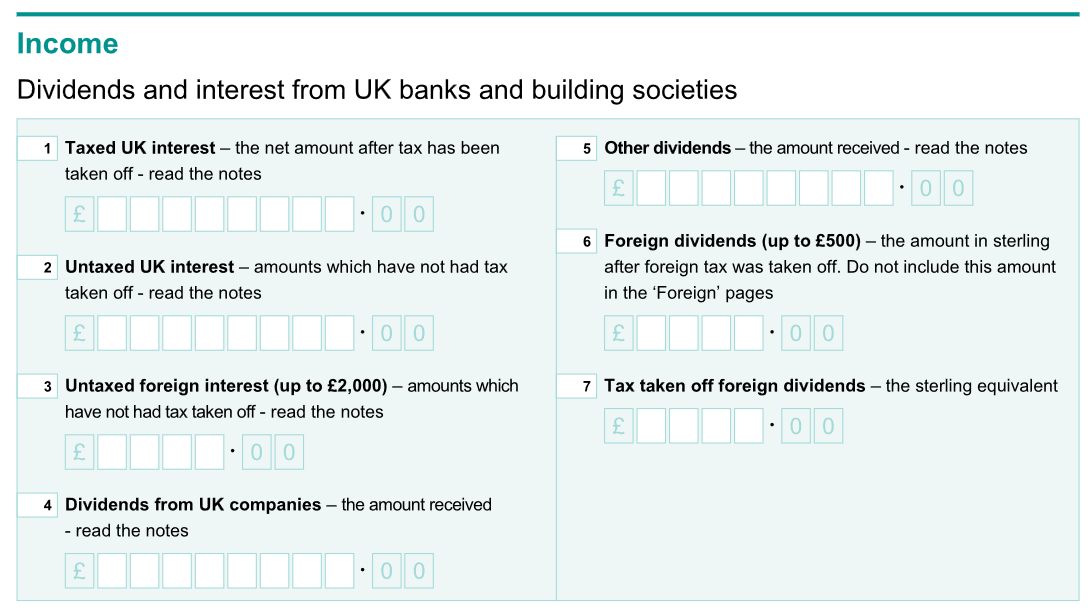 Part of an HMRC form, showing income from dividends.
